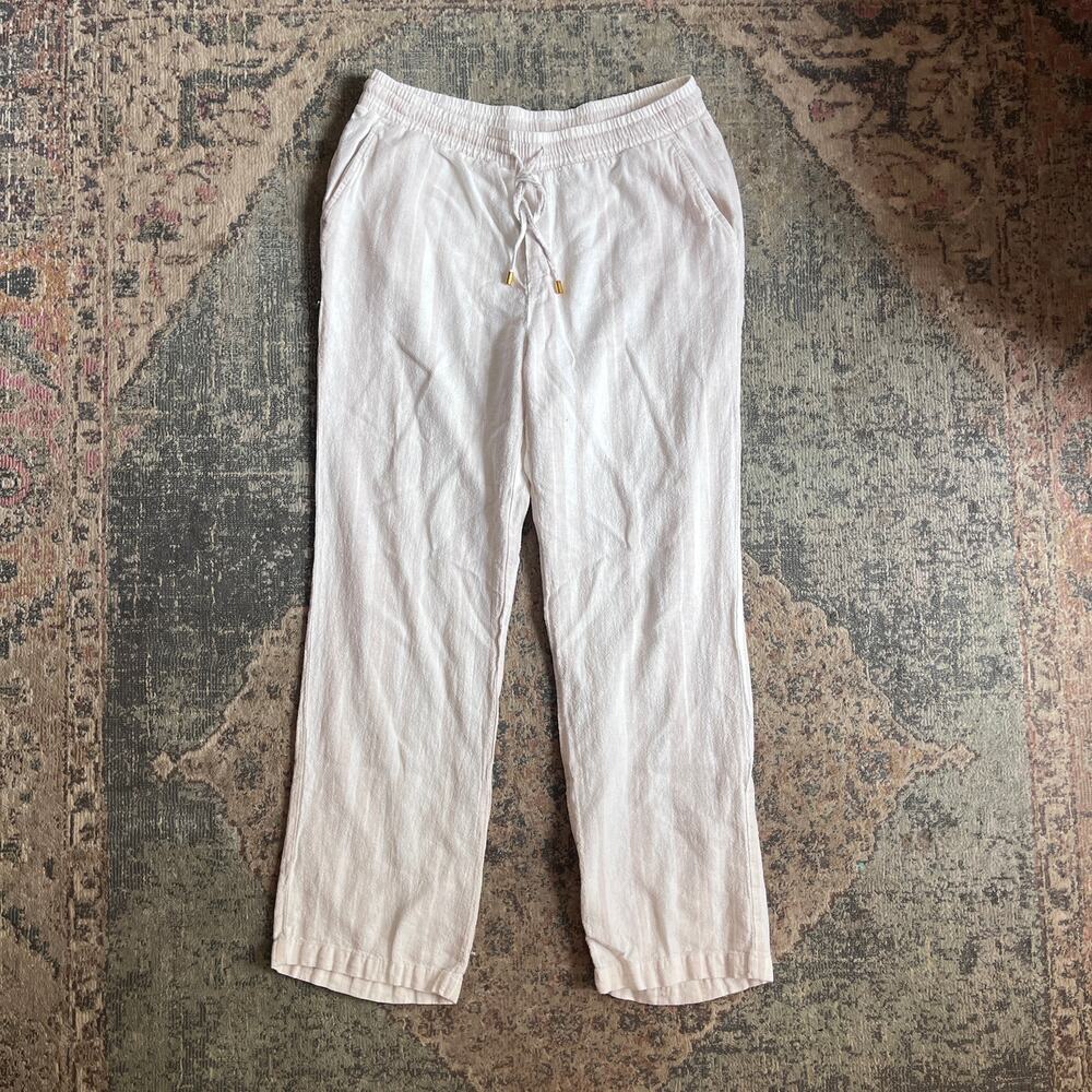 Ellen Tracy Linen Blend Wide Leg Beachy Pants M Cream Beige Stripe
